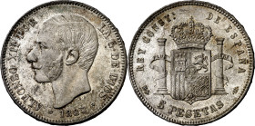 1885*1887. Alfonso XII. MSM. 5 pesetas. (AC. 62). Ligera pátina. Muy bella. Ex HSA 57.6059. Rara así. 24,99 g. S/C.

1885*1887. Alfonso XII. MSM. 5 ...