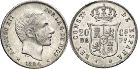 1884. Alfonso XII. Manila. 20 centavos. (AC. 110). Muy bella. Brillo original. Ex Colección General Prim 16/12/2021, nº 135. Rara y más así. 5,15 g. S...