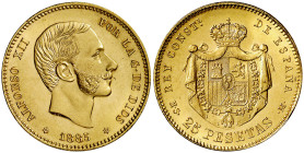 1885*1885. Alfonso XII. MSM. 25 pesetas. (AC. 90). Bellísima. Ex Áureo & Calicó 22/09/2011, nº 1291. Muy rara y más así. 8,06 g. S/C.

1885*1885. Al...