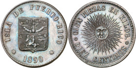 1890. Alfonso XIII. Puerto Rico. 10 céntimos. (AC. 123, mismo ejemplar). Prueba no adoptada en cobre. Mínimas rayitas de acuñación. En cápsula de la N...