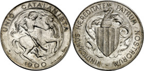 1900. Unió Catalanista. Barcelona. Vallmitjana. 5 pesetas. (AC. 135). Mínimo golpecito. Bella. Brillo original. Rara así. 24,84 g. EBC+.

1900. Unió...