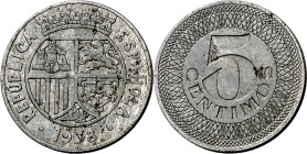 1938. II República. 5 céntimos. (AC. 5). Prueba no adoptada en hierro. Ex Áureo 31/05/2006, nº 936. Rarísima. 3,82 g. S/C-.

1938. Second Republic. ...