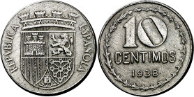1938. II República. 10 céntimos. (AC. 9). Bella. Muy rara y más así. 3,80 g. EBC+.

1938. Second Republic. 10 cents. (AC. 9). Nice. Very rare, espec...