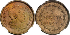 1937. Euzkadi. 1 peseta. (AC. 12). Prueba en cobre. En cápsula de la NGC como MS66, nº 6054934-009. Muy bella. Ex Colección Elariz. Rara y más así. S/...