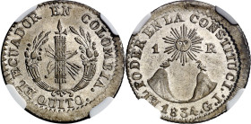 Ecuador. 1834. GJ. 1 real. (KM. 13). En cápsula de la NGC como MS62, nº 6613601-005. Bella. Rara. AG. EBC+.

Ecuador. 1834. GJ. 1 real. (KM. 13). Gr...