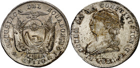Ecuador. 1850. GJ. 2 reales. (KM. 33). Manchita. Bella. Brillo original. Rara así. AG. 6,93 g. EBC+.

Ecuador. 1850. GJ. 2 reales. (KM. 33). Small b...