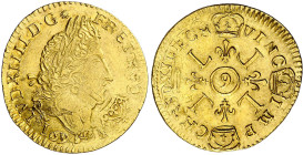 Francia. 1694. Luis XIV. 9 (Rennes). 1 luis de oro. (Fr. 433) (Kr. 302.24). Acuñada sobre otra moneda. Bella. Brillo original. Rara y más así. AU. 6,7...