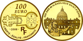 Francia. 2006. 100 euro. (Fr. 797) (KM. 2047). 500º Aniversario de la Basílica de San Pedro. En estuche oficial con certificado. Acuñación de 99 ejemp...