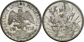 México. 1911. 1 peso. (KM. 453). "Caballito". Primer rayo de la izquierda largo. Bella. Brillo original. Escasa así. AG. 27,03 g.

Mexico. 1911. 1 p...