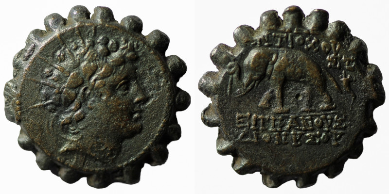 Seleukid Kings of Syria, Antiochos VI Dionysos (144-142 BC). AE Serrate
Obv: Ra...