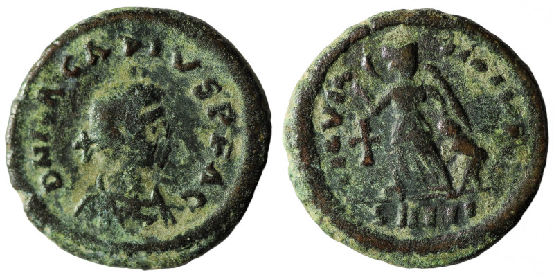 ARCADIUS, 383-408 AD. AE Reduced Follis of Thessalonica. Diademed bust / Victory...