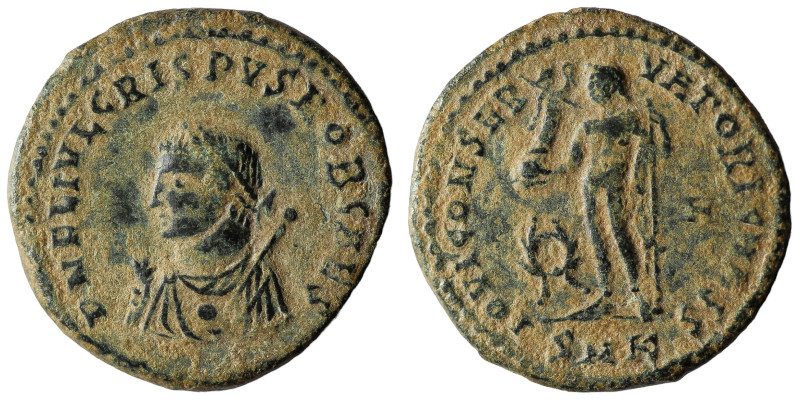 CRISPUS (316-326). Follis. Kyzikos.
Obv: DN FL IVL CRISPVS NOB CAES.
Laureate ...