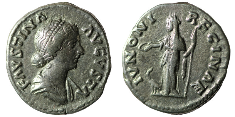 Faustina I AR Denarius. Rome, AD 139-141. FAVSTINA AVGVSTA, draped bust right / ...