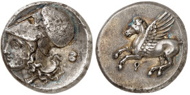 Corinthe

Statère en argent (345-307)

 Krotalon derrière la tête (Castagnette).

 Magnifique exemplaire à patine médaillier.

 Rare dans cett...