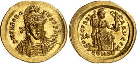 Théodose II (402-450)

Solidus - Constantinople (408-420)

Magnifique exemplaire.

4.49g - Depeyrot 73/2 - RIC 202

Pratiquement FDC - MS
