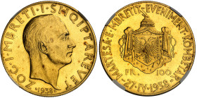 Albanie

Ahmed Zogu (1925-1939)

100 francs en or - 1938 R Rome

10ème anniversaire du règne.

32.25g - KM 26 - Fr. 15 - Mont. 22

Pratiquem...