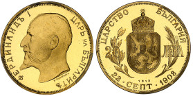 Bulgarie

République Populaire (1946-1989)

Epreuve sur flan bruni du 20 leva en or - 1912

Frappé en 1967 avec des coins d'origine.

Très rar...