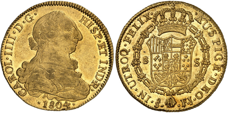 Chili

Charles IV (1788-1808)

8 escudos en or - 1804 So JF Santiago 

Lég...