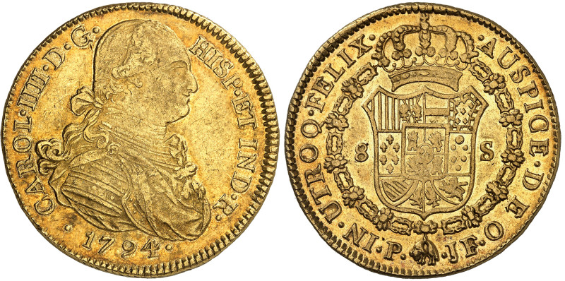 Colombie

Charles IV (1788-1808)

8 escudos en or - 1794 P SF Popayán.

Ma...