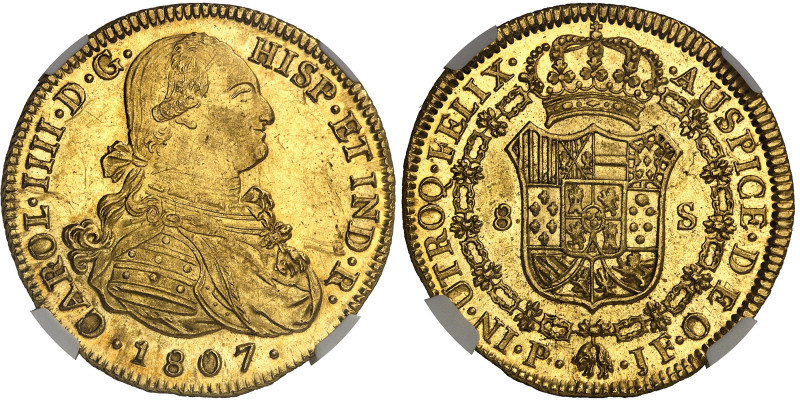 Colombie

Charles IV (1788-1808) 

8 escudos en or - 1807 P JF Popayan 

M...