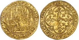 France

Philippe VI (1328-1350)

Chaise d'or - Émission du 17 juillet 1346

Rare et magnifique exemplaire.

4.7g - Dup. 258 - Fr. 269

Super...