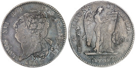 France

Constitution (1791-1792)

Écu en argent de 6 livres type "Français" 1792 BB Strasbourg An 4.

2ème semestre.

Type très rare.

29.48...