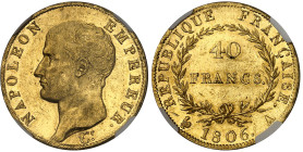 France

Napoléon Ier (1804-1814)

40 francs en or - 1806 A Paris

Très rare et magnifique exemplaire.

12.9g - Fr. 483

Superbe à FDC - NGC ...
