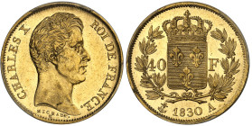 France

Charles X (1824-1830)

 40 francs en or - 1830 A Paris

 Tranche en creux.

 12.90g - G. 1105 - F. 544.4 - Fr. 547

 Superbe à FDC -...