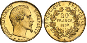 France

IIème République (1848-1852)

20 francs en or - 1852 A Paris

Magnifique exemplaire d'une qualité hors norme.

6.45g - G. 1060 - F. 53...