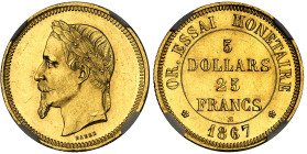 France

Napoléon III (1852-1870)

Essai sur flan bruni en or du 5 dollars / 25 francs - 1867 - Barre

 Contremarque privée.

Tranche striée.
...