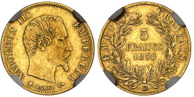 France

Napoléon III (1852-1870)

 5 francs en or - Grand module – 1858 BB Strasbourg

 Le plus bel exemplaire gradé.

 1.61g – G. 1001 – F. 5...