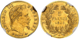 France

Napoléon III (1852-1870)

5 francs en or - 1865 A Paris

Très rare dans cette qualité.

Le deuxième plus haut grade.

1.61g - G. 100...