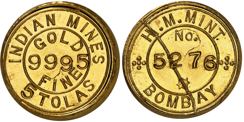 Indes Britanniques

5 tolas en or 999.5 - ND Bombay - H.M Mint

Indian Mines...