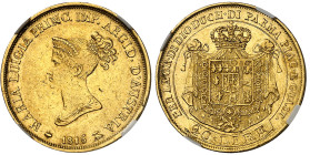 Italie - Parme

Marie-Louise (1815-1847)

20 lires en or - 1815 Milan

6.45g - Mont. 113 - KM 31 - Fr. 934

TTB à Superbe - NGC XF 45