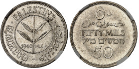 Palestine

50 mils en argent – 1940

 Magnifique exemplaire.

 Rare.

 5.83g – KM 6

 Pratiquement FDC – NGC MS 64+