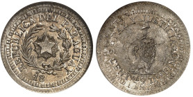Paraguay

République (1811 à nos jours)

Épreuve du 5 centimos en argent - 18-- (vers 1889).

Frappé sur un 10 centavos (1881-1883) d'Argentine....