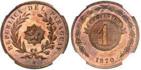 Paraguay

République (1811 à nos jours)

1 centesimo en cuivre - 1870

Magnifique exemplaire.

Rare dans cette qualité.

Pratiquement FDC - ...