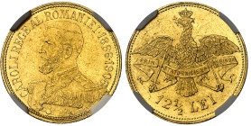 Roumanie

Charles Ier (1866-1914)

12.5 lei en or - 1906 Bruxelles

Frappé pour célébrer le 40ème anniversaire du règne.

Rare.

4.03g - KM ...