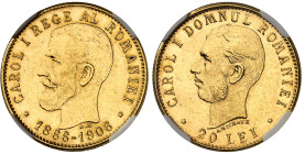 Roumanie

Charles Ier (1866-1914)

20 lei en or - 1906 Bruxelles

Frappé pour célébrer le 40ème anniversaire du règne.

Rare dans cette qualit...