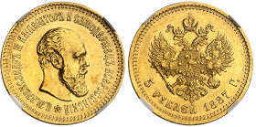 Russie

Alexandre III (1881-1894)

5 roubles en or - 1887 Saint-Pétersbourg

Rare.

6.45g - KM 42 - Fr. 168

Superbe - NGC AU 58