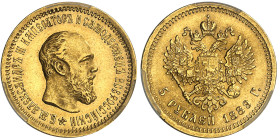 Russie

Alexandre III (1881-1894) 

5 roubles en or - 1889

Magnifique exemplaire.

 6.45g - KM 42 - Fr. 168 

Pratiquement FDC - PCGS MS 63