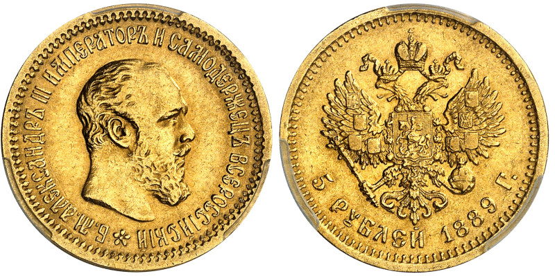 Russie

Alexandre III (1881-1894)

5 roubles en or - 1889

"AГ" le long du...