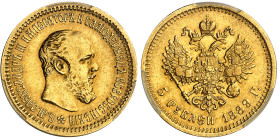Russie

Alexandre III (1881-1894)

5 roubles en or - 1889

"AГ" le long du cou.

6.45g - KM 42 - Fr. 168

Superbe – PCGS AU 55