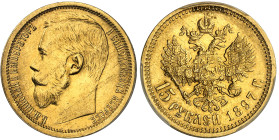 Russie

Nicolas II (1894-1917)

 15 roubles en or - 1897 AГ Saint-Pétersbourg

Rare. 12.9g - Fr. 177

Superbe - PCGS AU 55