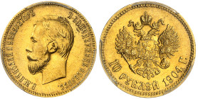 Russie

Nicolas II (1894-1917)

10 roubles en or - 1904 AP Saint-Pétersbourg

 Magnifique exemplaire.

 Rare dans cette qualité.

Pratiqueme...