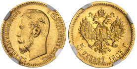 Russie

Nicolas II (1894-1917)

5 roubles en or - 1903 AP Saint-Pétersbourg

D'une qualité exceptionnelle.

4.30g - KM 62 - Fr. 162

FDC Exc...