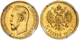 Russie

Nicolas II (1894-1917)

5 roubles en or - 1904 AP Saint-Pétersbourg

Magnifique exemplaire.

4.30g - KM 62 - Fr. 180 

FDC - NGC MS ...