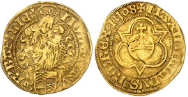 Suisse - Bâle

Gulden en or – 1408 (1508)

 Rarissime.

 Type avec la date au revers.

 3.24g – HMZ manque cf. 50

TB - VF