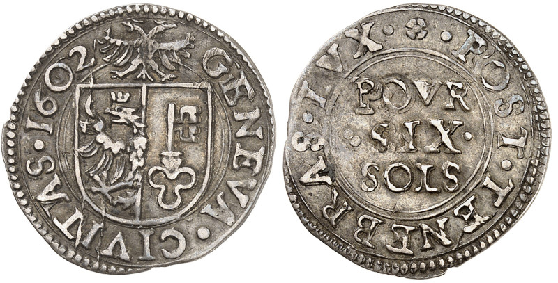 Suisse - Genève

6 sols en argent - 1602

 Magnifique exemplaire.

 Rare d...