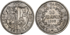 Suisse - Genève

10 francs en argent - 1848 

 Magnifique exemplaire.

 Très rare - 385 exemplaires.

 Défaut de tranche à l’avers à 6h.

 ...